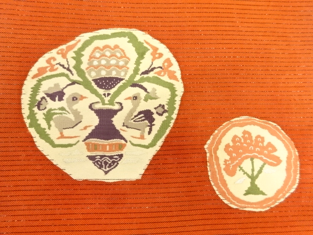 JAPANESE KIMONO / ANTIQUE NAGOYA OBI / SILK / WOVEN BIRDS